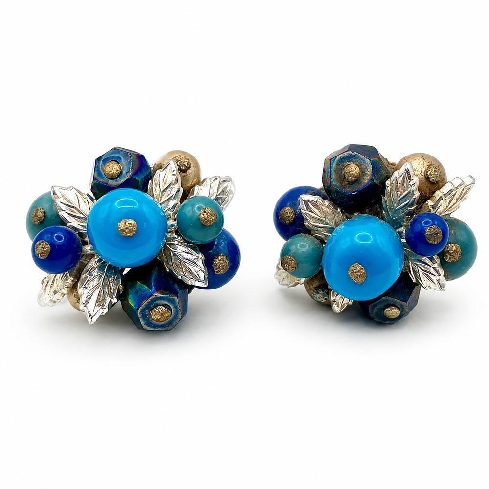 Vintage Blue Aurora Borealis Bead Cluster Clip On Earrings Silver Tone Leaf 1in